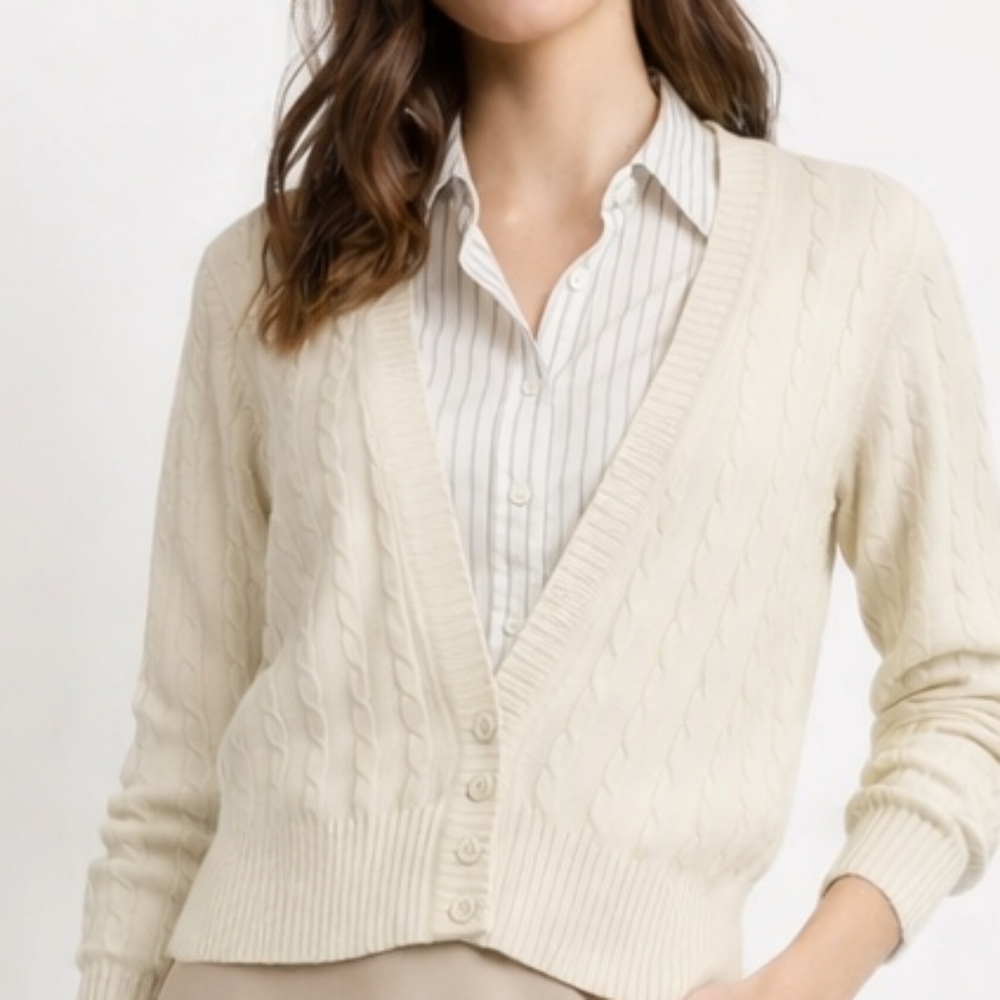 70's Avantique Deep V-Neck Lightweight Cream Cable Knit Cardigan S Minimalist